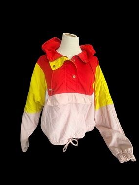 Colorblock Hooded Windbreaker Jacket in Red, Yellow & Light Pink